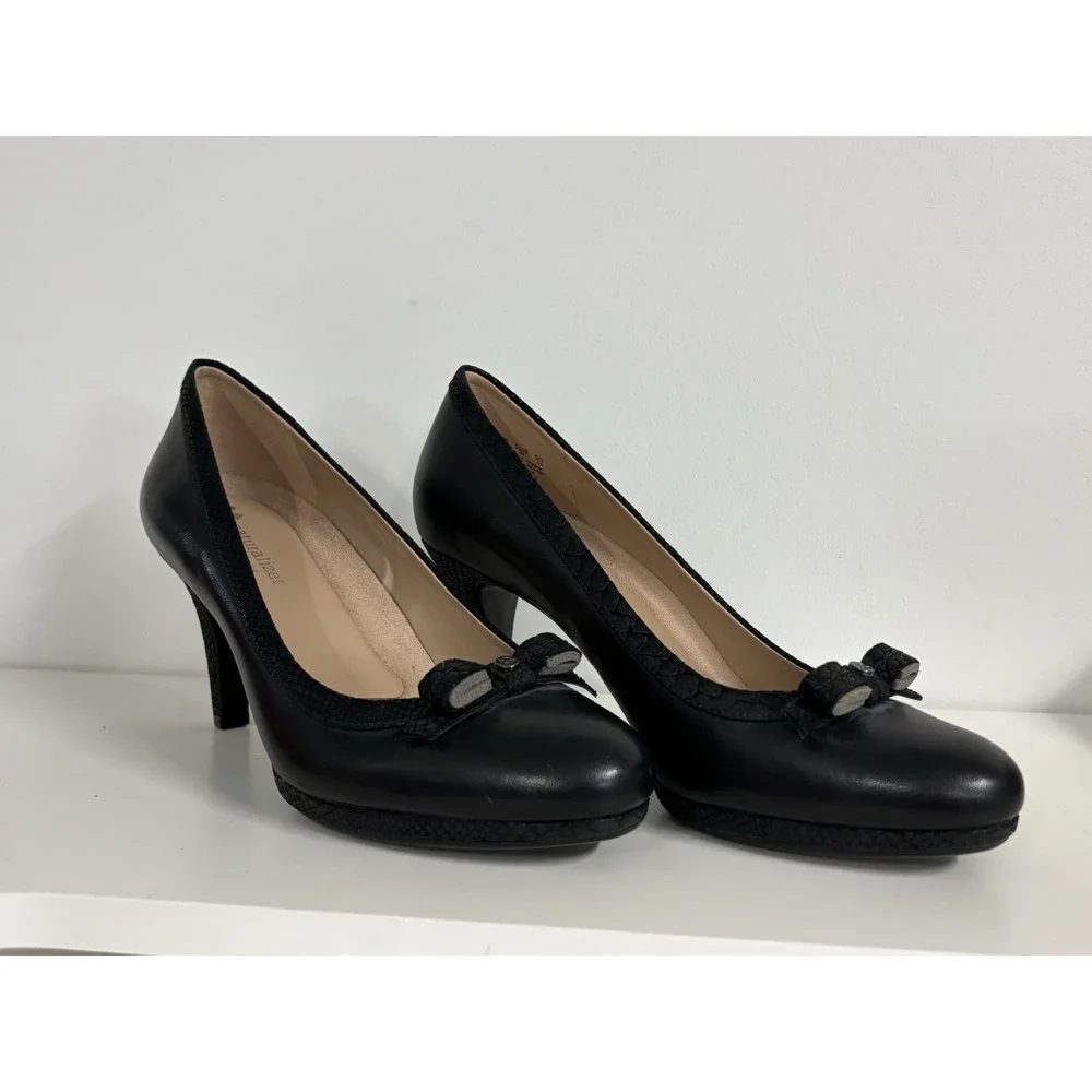Naturalizer Maizie Black Leather Bow Round Toe Stiletto Pumps Heels Womens 9W